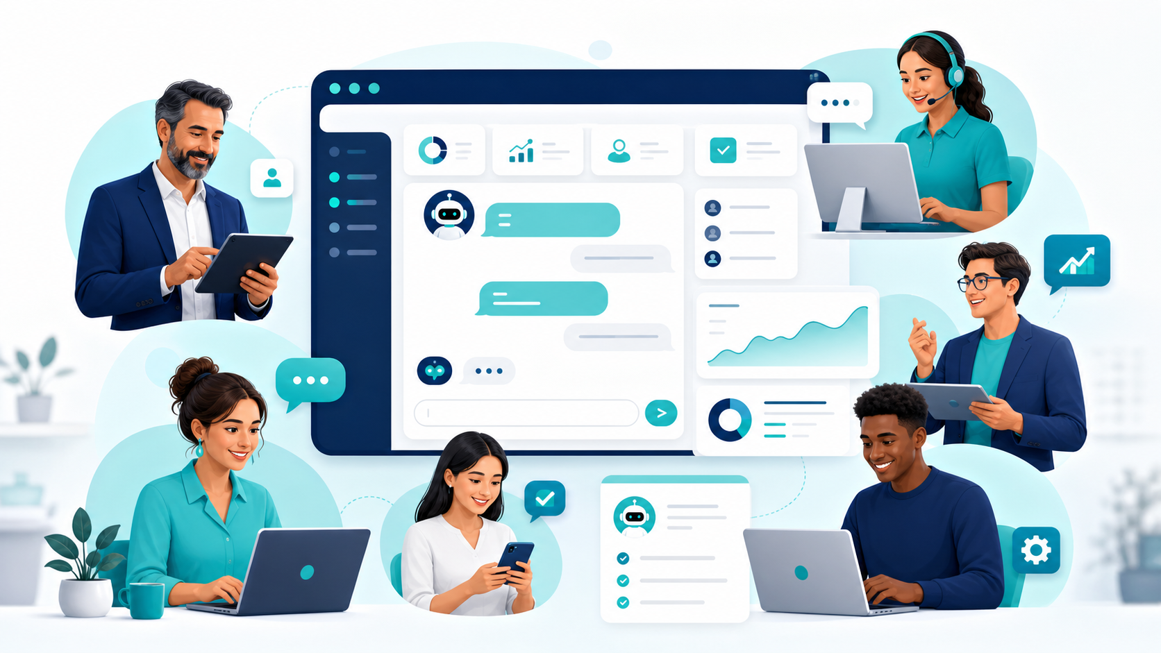 Different business users working with an AI website assistant